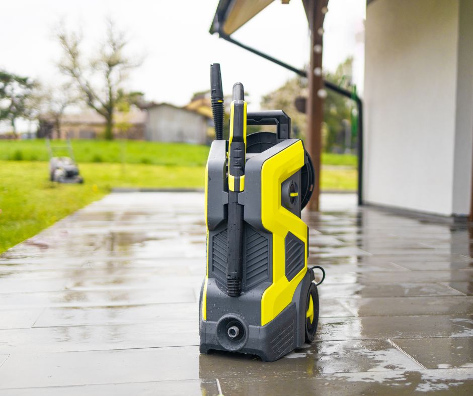 Pressure Washing Equipment In The Middle Of Tile Concrete Floor